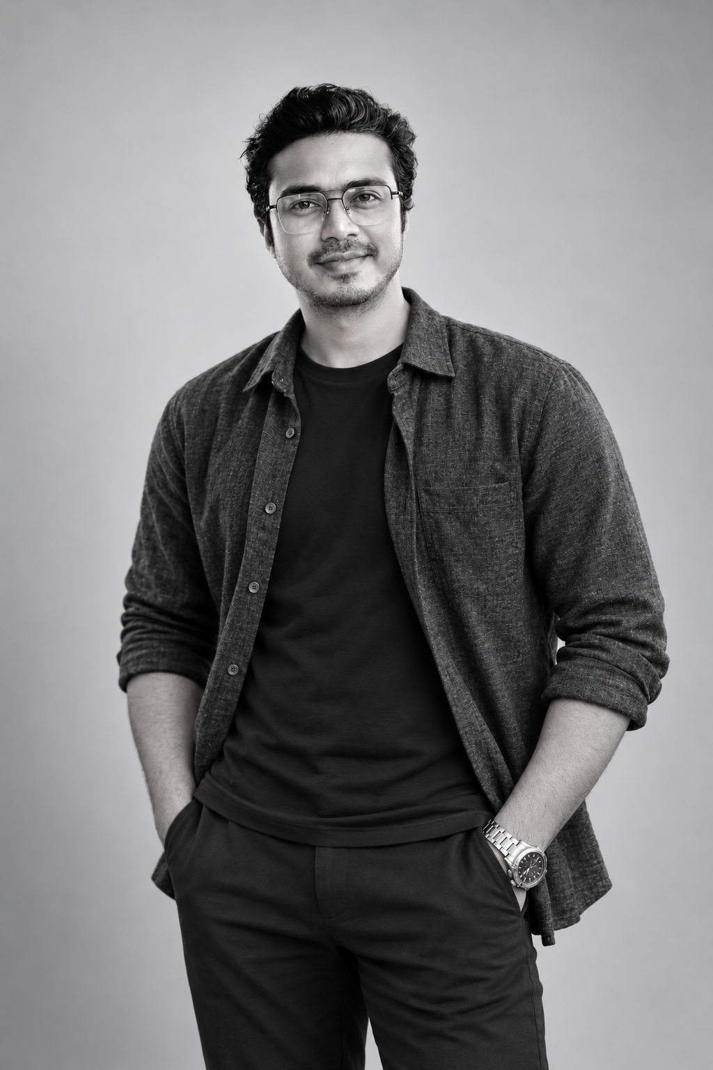 Nazmul Hoque, motion designer and founder of Motionsbay, in a black-and-white studio portrait